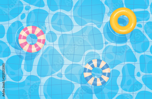 Summer water pool top view. Tubes float on waves. Frame with copy space for text. Background design. Swimming inflatable ring. Blue surface. Cartoon flat style isolated vector concept