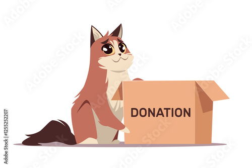 Stray cat near box asking for donations. Sad homeless domestic animal. Volunteering and assistance. Pet asking for support cartoon flat style isolated vector charity and adoption concept
