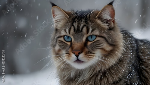 a gray cat in the snow with a sharp gaze