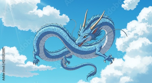 A blue eastern dragon soars gracefully among fluffy white clouds