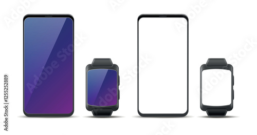 Smartphone and smartwatch layout. Realistic isolated smartphone and sport smartwatch. Empty white device screen, application mockup. 3d technology, wristband interface elements. Vector set