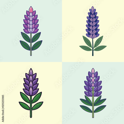 Purple lupine flower illustrations in a square grid - A set of four digitally illustrated purple lupine flowers arranged in a square grid on pastel backgrounds, featuring a botanical theme.  
 
