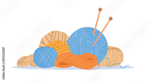 Skeins of yarn with wooden spokes. Knitting and sewing elements compositions. Handcraft creative, woolen balls for knitwear, dressmaking cloth. Cartoon flat style isolated vector concept