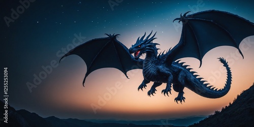 3D Dragon on a dark night background. Mythology creature. Dark fantasy. photo