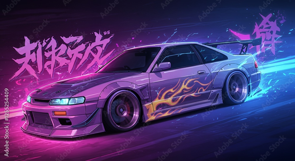 Sleek purple car with flame decals on a vibrant background Sleek purple car with flame decals on a vibrant background