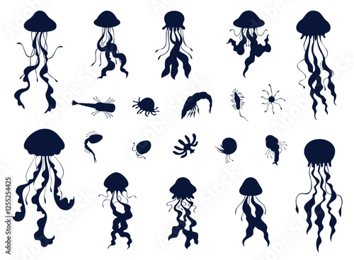 Set jellyfish and plankton silhouettes. Water ocean animals, underwater tropical fish, icon or logo design. Exotic sea creatures. Marine graphic design. Vector flat isolated black illustration photo