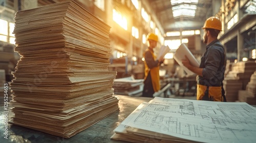 Two workers reviewing blueprints in a busy warehouse filled with stacked papers