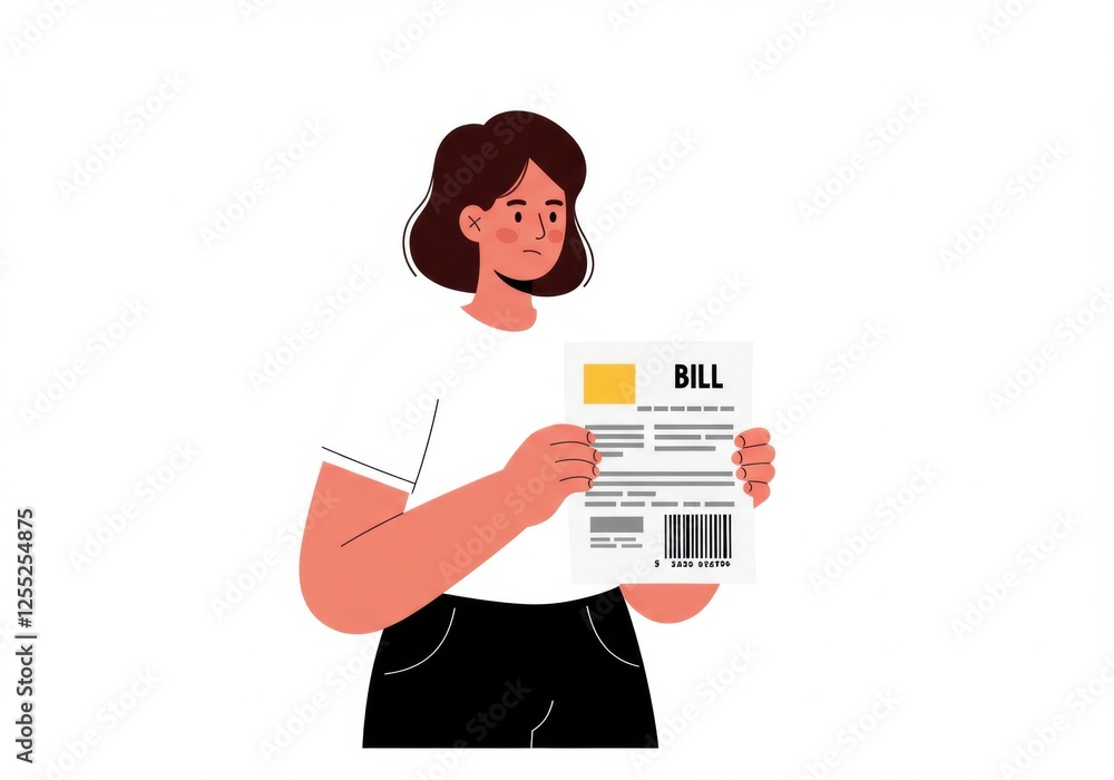 Concerned woman holding utility bill in minimalist illustration Concerned woman holding utility bill in minimalist illustration