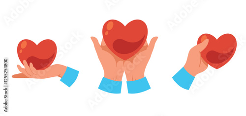 Set hands holding heart. Love emotion, romantic relationship symbol. Charity donation. Front and side view, volunteer, care and support. Cartoon flat style isolated amour vector set