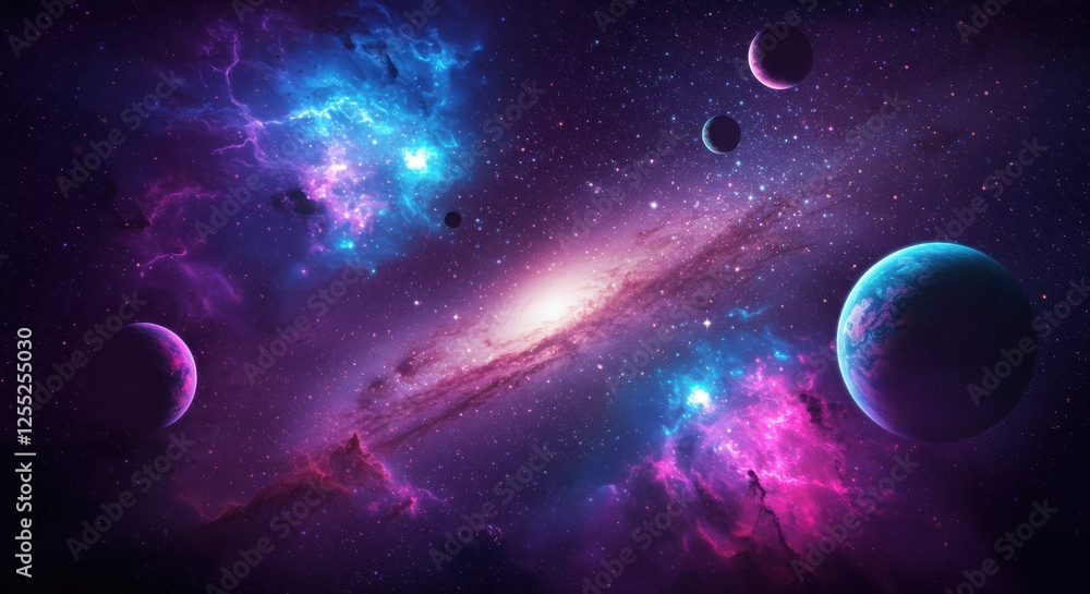 Vibrant cosmic scene with nebulae, galaxies, and planets in deep space Vibrant cosmic scene with nebulae, galaxies, and planets in deep space