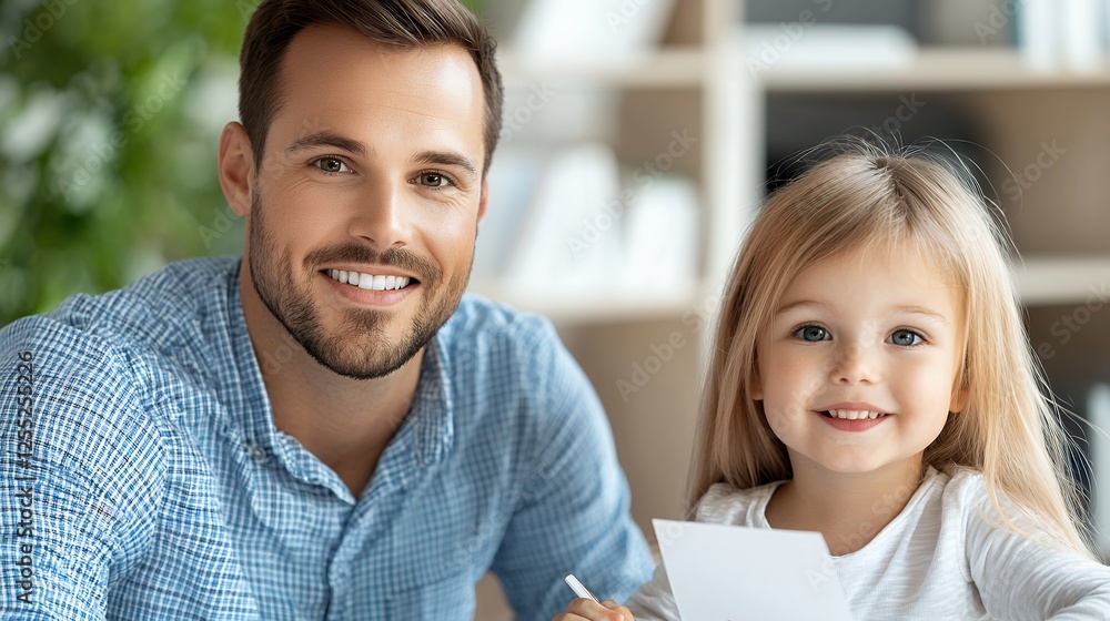 Father and Daughter Smiling Together While Drawing at Home Father and Daughter Smiling Together While Drawing at Home