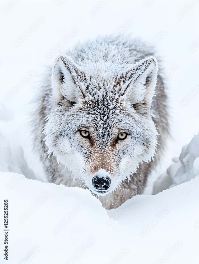 Obraz premium A wolf with frost-covered fur walking through the deep snow under a starry sky.