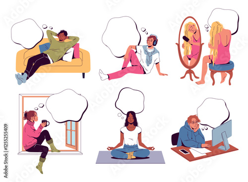 Set dreaming people. Men and women think, empty speech bubble, characters with thought cloud, person imagination, adult daydreaming, inspiration cartoon flat style isolated vector set