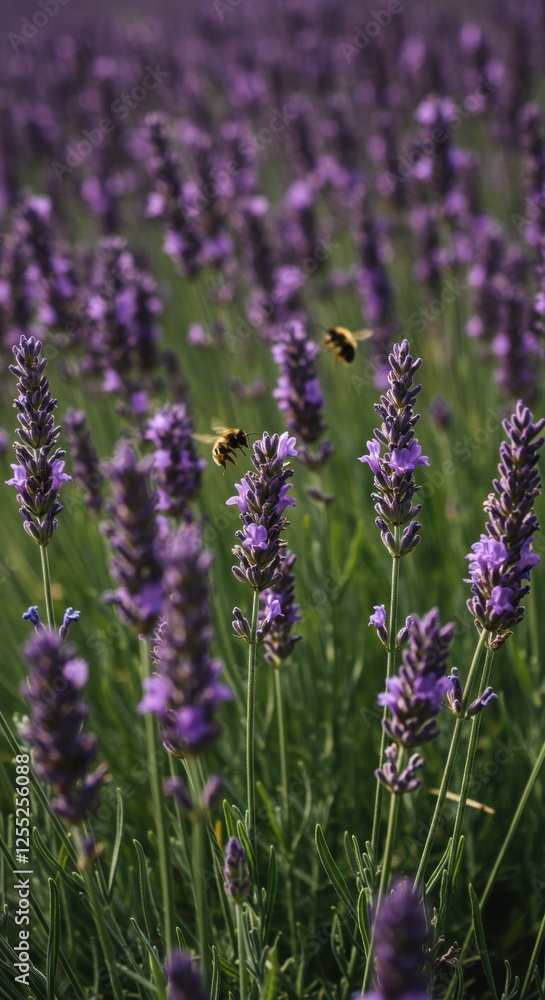 Beautiful lavender field with bees pollinating vibrant purple blossoms on a sunny day Beautiful lavender field with bees pollinating vibrant purple blossoms on a sunny day