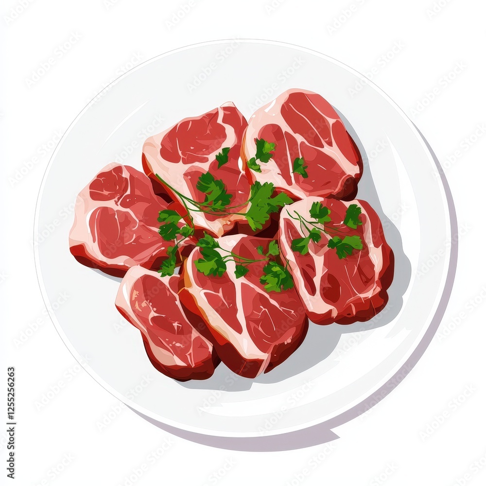 Plate of raw meat with marinated meat illustrations and parsley garnish on a white background Plate of raw meat with marinated meat illustrations and parsley garnish on a white background
