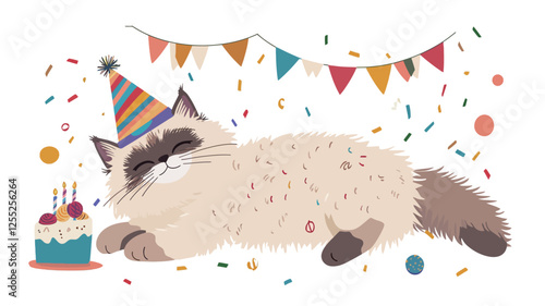 A digital illustration depicting a longhaired cat, possibly a Ragdoll, lying down with its eyes closed. The cat wears a rainbow-colored party hat.  A small, teal-frosted birthday cake with lit