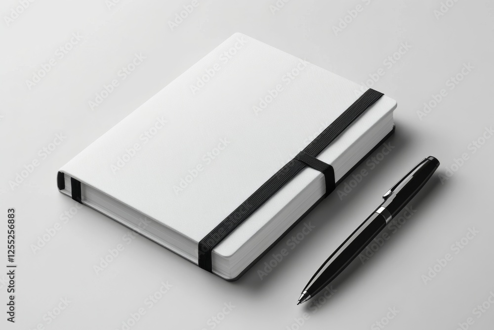 Naklejka premium Blank White Notebook and Pen - Modern Office Supplies