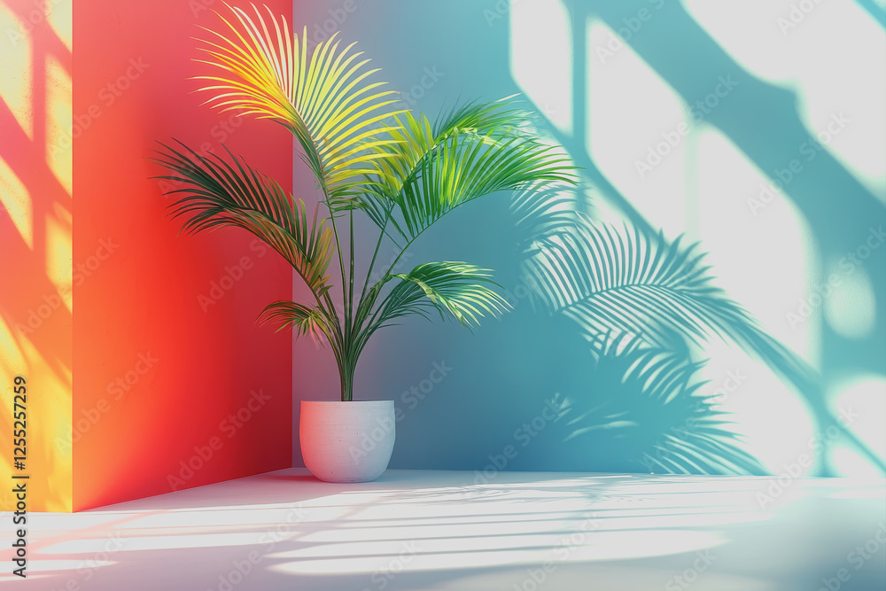 Potted plant placed next to a textured wall in a bright indoor environment Potted plant placed next to a textured wall in a bright indoor environment