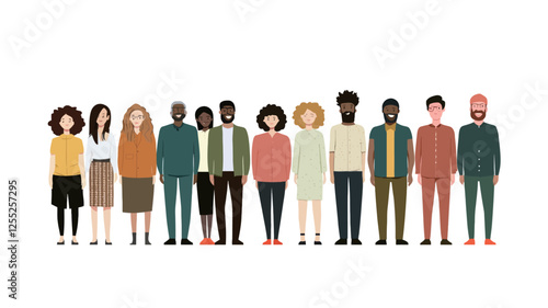 The image showcases a horizontal row of stylized human figures, rendered in a flat vector illustration style.  Each figure is distinct in terms of skin tone, hair color, and clothing, representing a