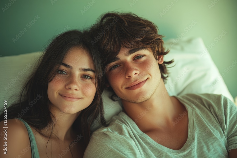 A young couple shares an intimate moment, heads resting together, displaying affection and closeness. A young couple shares an intimate moment, heads resting together, displaying affection and closeness.