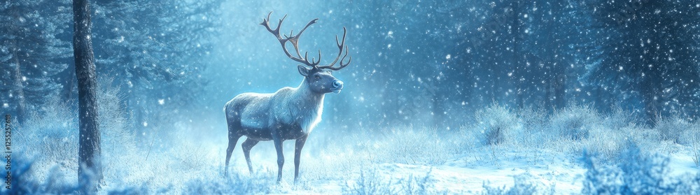 Reindeer in the snow with antlers, light blue fur, and an abstract forest backdrop Reindeer in the snow with antlers, light blue fur, and an abstract forest backdrop