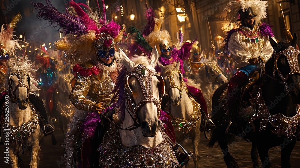 Majestic Mardi Gras Horse Riders in Sparkling Costumes Night Parade Festive Celebration Brilliant Feathers Elegant Horses Rich Colors Vibrant Majestic Mardi Gras Horse Riders in Sparkling Costumes Night Parade Festive Celebration Brilliant Feathers Elegant Horses Rich Colors Vibrant