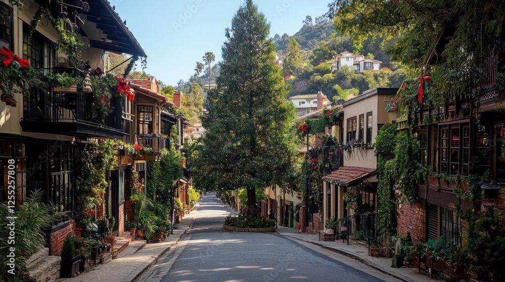 Charming Christmas Decorated Town Street View Charming Christmas Decorated Town Street View