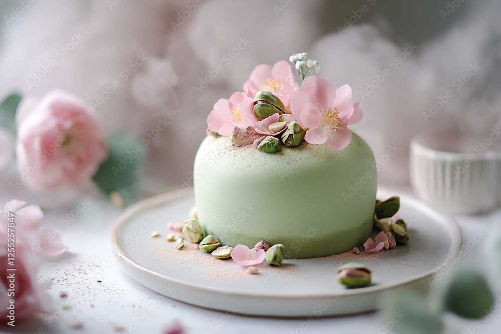 Delicate pistachio dessert showcases a light green hue, adorned with blooming edible flowers and surrounded by soft-focus greenery, creating a fairytale ambiance full of charm Delicate pistachio dessert showcases a light green hue, adorned with blooming edible flowers and surrounded by soft-focus greenery, creating a fairytale ambiance full of charm