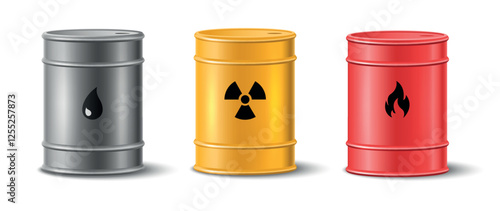 Metal drums for oil, gasoline and chemical wastes. Realistic isolated containers with labels, 3d radioactive tank in storage, diesel liquids, poisonous substances with biohazard, vector concept