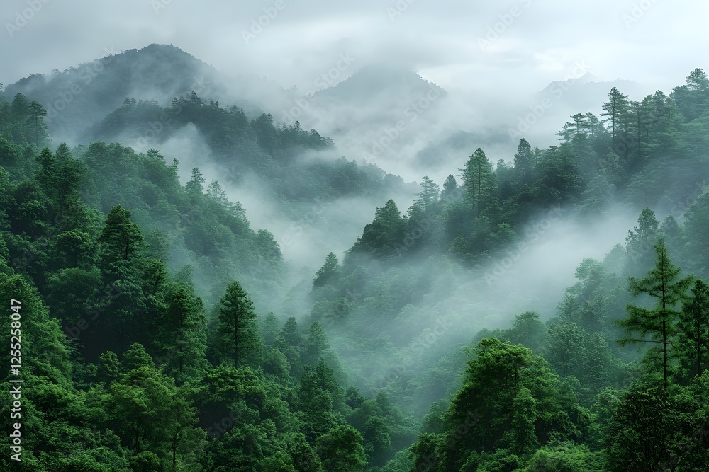 Mystical Foggy Forest Landscape in Mountainous Region for Nature Photography and Poster Design Mystical Foggy Forest Landscape in Mountainous Region for Nature Photography and Poster Design