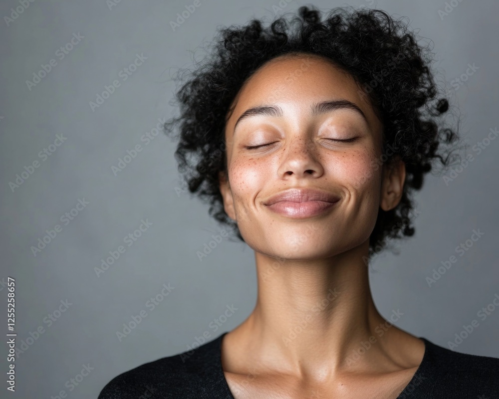 Close-up photo of smiling woman with flawless skin and closed eyes on a grey background. Close-up photo of smiling woman with flawless skin and closed eyes on a grey background.