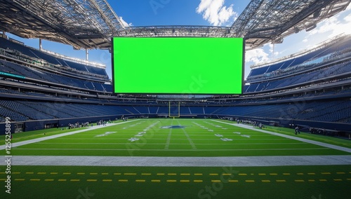 Green screen for advertising on a large LED billboard in an American football stadium, wide angle, cinematic