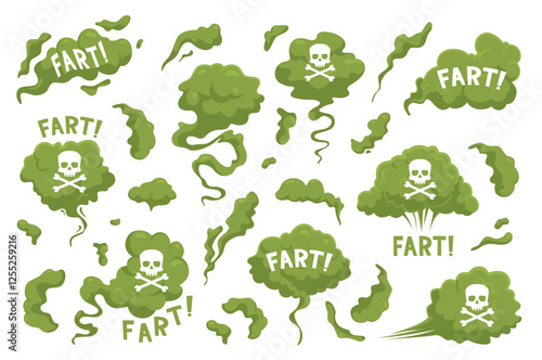 Green stinky fart. Toxic smell, bad acid clouds different form scull with bones sign, death symbol, chemicals smoke, evaporation, comic aroma streams, tainted air, nowaday vector cartoon set