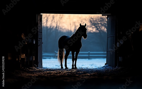 Silhouetted horse in a barn doorway at sunrise, winter scene. Possible use Stock photo for animal, nature, or farm themes photo