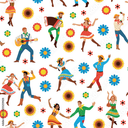 Festa junina seamless pattern. Funny participants and elements, traditional harvest festival, brazil farm holiday, june party, happy dancing people. Decor textile, wrapping, tidy vector print