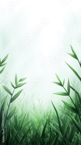 Green grass background with white sky and morning mist illustrations in a vector graphic design