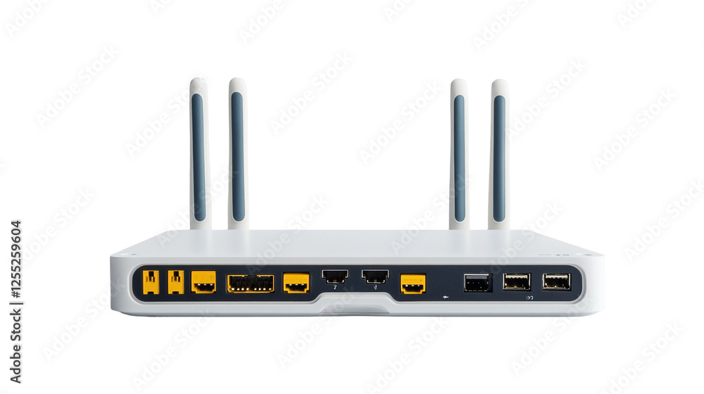 A white wireless router with antennas provides Wi-Fi internet access for network communication A white wireless router with antennas provides Wi-Fi internet access for network communication