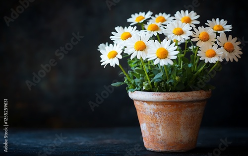 Wallpaper Mural Daisies in terracotta pot on dark background.  Possible use Greeting card, floral arrangement Torontodigital.ca