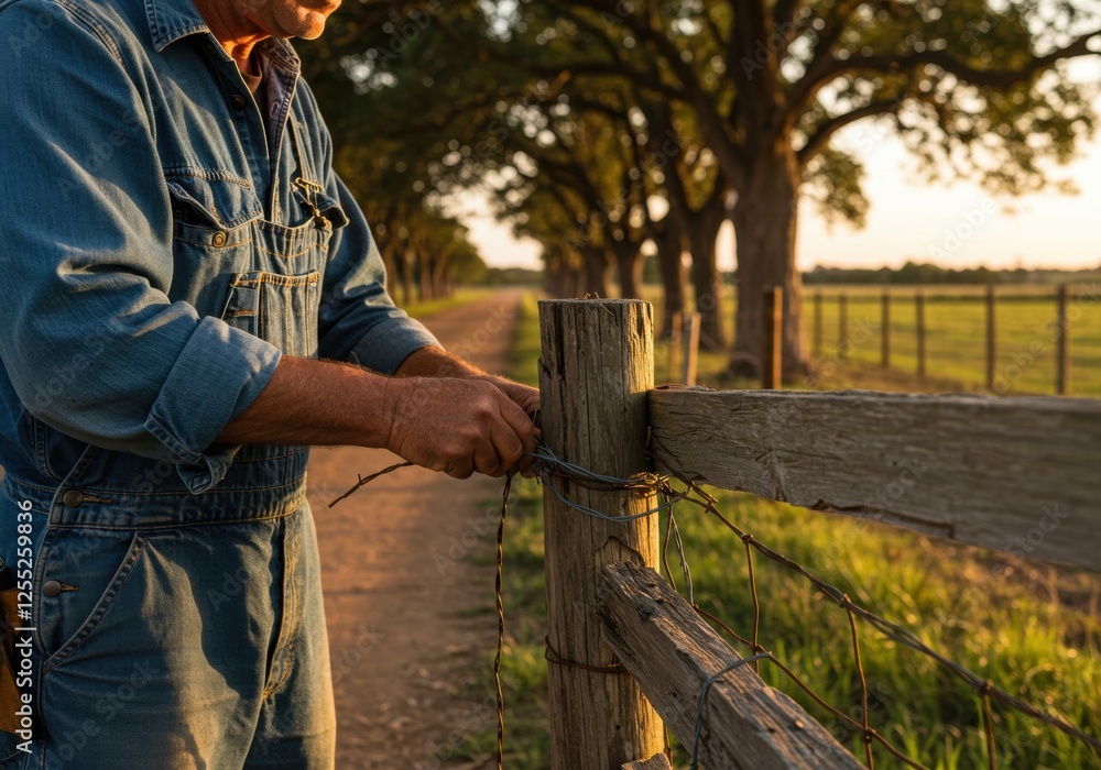 Rustic repair: farmer mending fence at sunset on a rural dirt road Rustic repair: farmer mending fence at sunset on a rural dirt road
