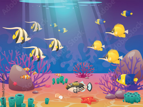 Cartoon exotic fish on seabed. Tropical ocean fauna, bright underwater wildlife, marine colorful inhabitants, algae, corals, undersea goldfish and starfish, background design, vector concept