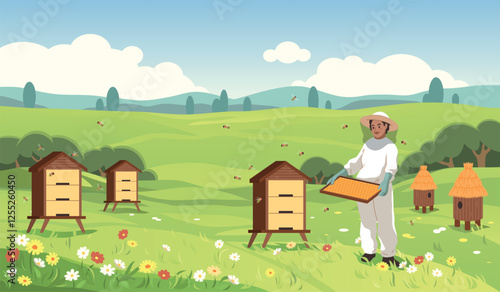 Beekeeper collects honey. Apiarist at flower meadow holds honeycombs, bees and hives, beautiful plain landscape, woman in protective clothing, organic food cartoon flat tidy vector background