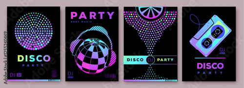 Set of retro futuristic disco party posters, covers or banners with disco ball. Fluorescent disco background. Flat design. Vector illustration
