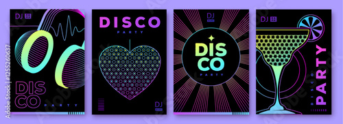 Set of retro futuristic disco party posters, covers or banners with disco ball. Fluorescent disco background. Flat design. Vector illustration