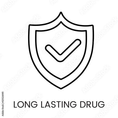 A shield with a check mark icon in vector, representing verified and long lasting drug protection, with an editable stroke