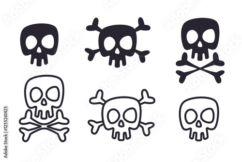 Skulls with crossed bones icon collection. Logotype black silhouette and outline isolated. Skeletons emblems and creepy badges. Undead spooky monochrome logo. Halloween sticker. Vector set