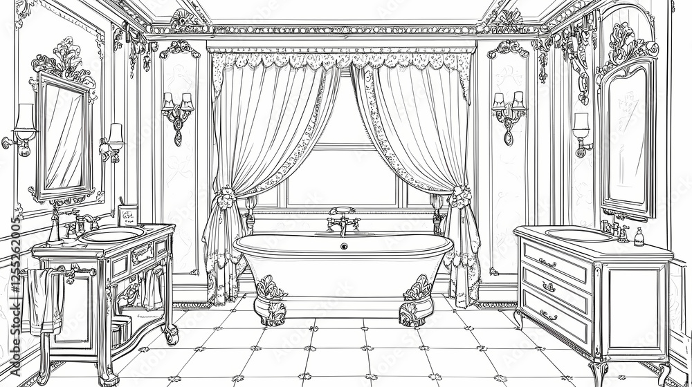 Fototapeta premium A beautiful line art illustration of an elegant Victorian bathroom with a bathtub, vanity, and mirror. This would make a great coloring book page