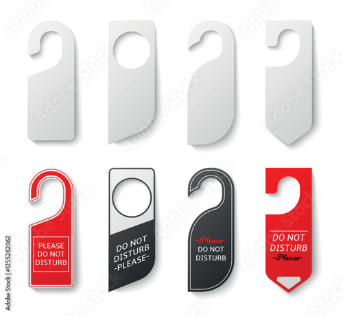 Set sign templates do not disturb. Realistic mockup, empty blank labels, simple design for hotel or business lock door. White cardboard tags hanging. Information boards. Vector set