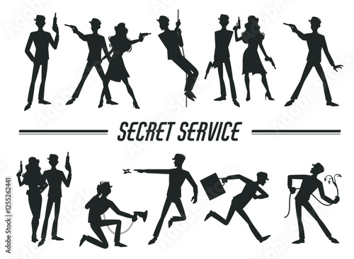 Set of silhouettes of male and female secret service personnel. Isolated decorative elements. Spy man and woman with gun standing and running. Superhero characters. Vector concept