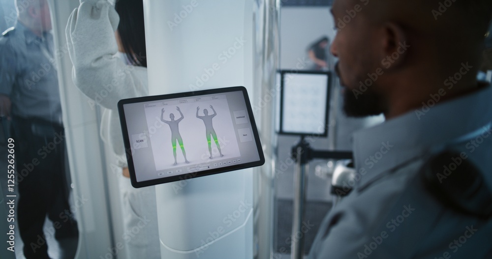 Advanced Security System in Airport: African American Security Officer Controls Human Body Scanning Using Tablet Computer Program. X-ray Screening Procedure of Asian Woman for Boarding Plane Flight. Advanced Security System in Airport: African American Security Officer Controls Human Body Scanning Using Tablet Computer Program. X-ray Screening Procedure of Asian Woman for Boarding Plane Flight.