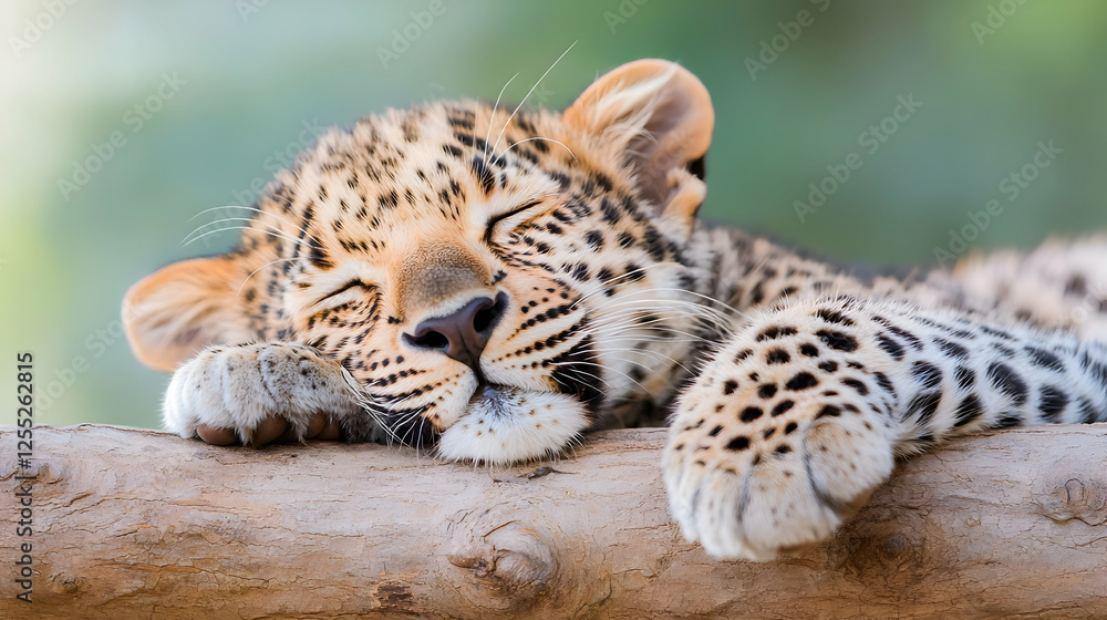 Obraz premium Sleeping leopard cub on branch, nature background, wildlife conservation